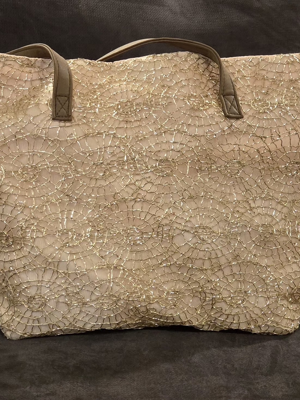 Beige/Pink Tote Bag with Gold Wirework Detail